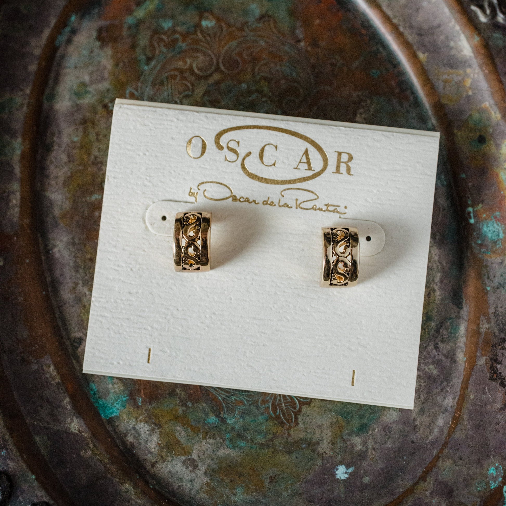 Vintage Earrings Signed Oscar De La Renta Thick Antique Gold Tone Hoops Earrings for Women A#OS2445 - Limited Stock - Never Worn