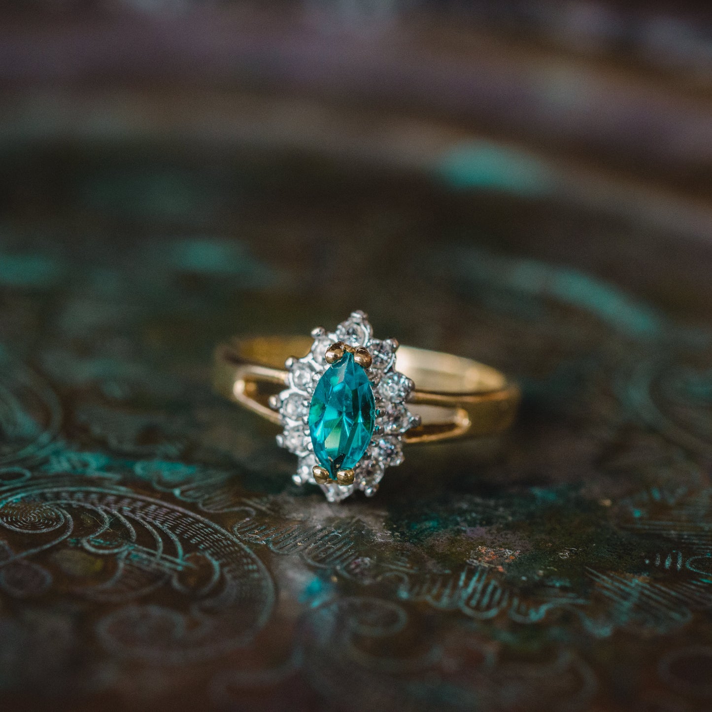 Vintage Ring Zircon and Clear Swarovski Crystals 18kt Gold Antique Womans Jewelry Handmade Dainty Rings #R1314 - Limited Stock - Never Worn
