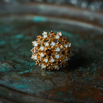 Vintage Ring Smokey Topaz Crystal and Pinfire Opal Burst Ring 18k Gold Antique Jewelry for Women R195 - Limited Stock - Never Worn