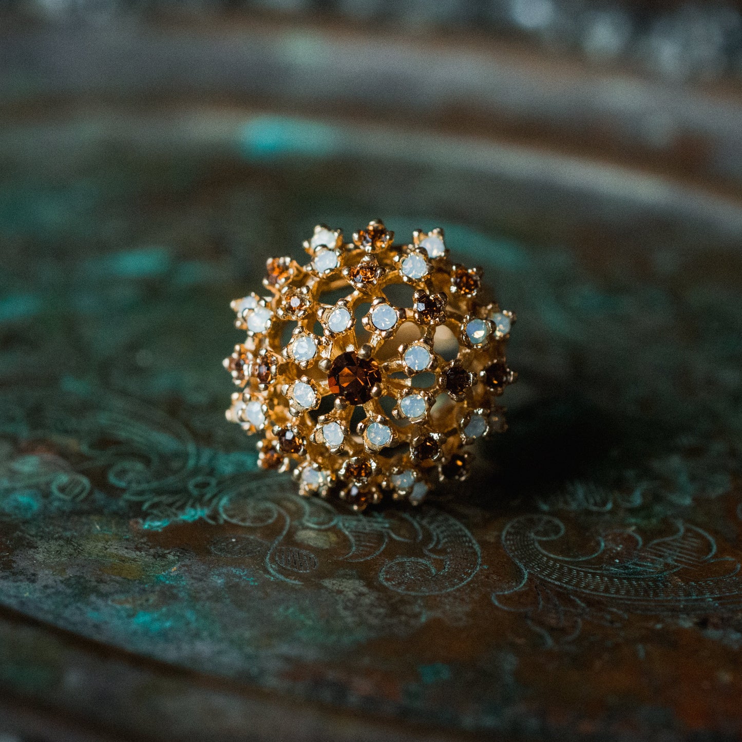 Vintage Smokey Topaz Crystal and Pinfire Opal Burst Ring – 18k Yellow Gold Electroplated, Made in USA jewelry image 1