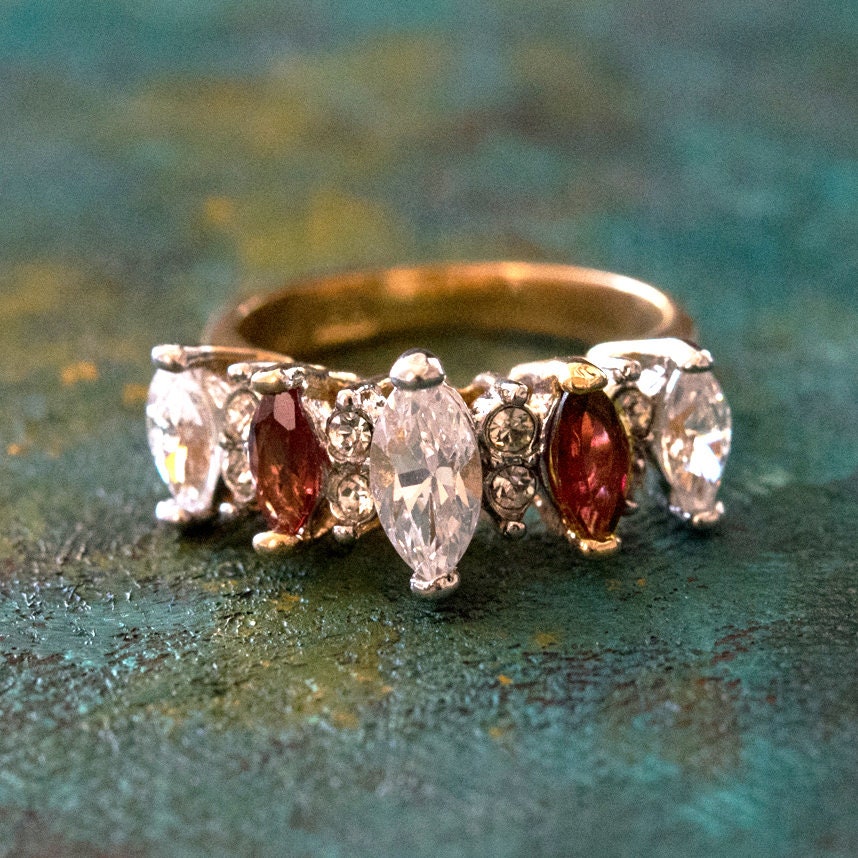 Vintage Ring Genuine Garnet and Clear Cubic Zirconia Cocktail Ring 18k Gold  R2441
