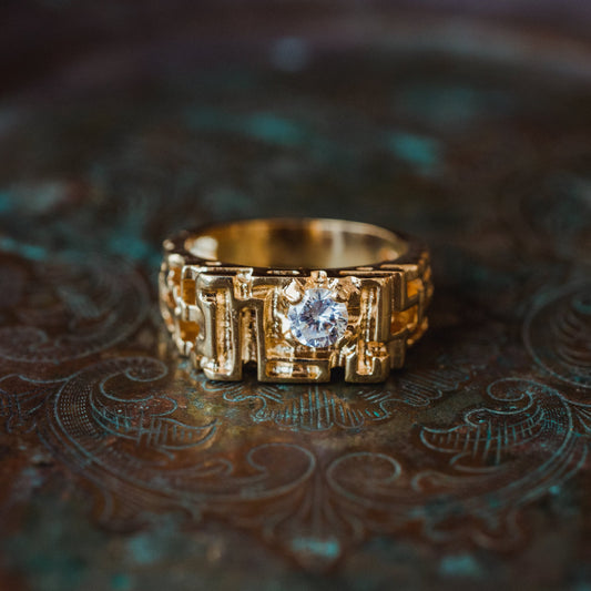 Men's Vintage Ring Edwardian Style Cubic Zirconia  Handcrafted Made in USA 18k Gold Electroplated Nugget Ring #R153