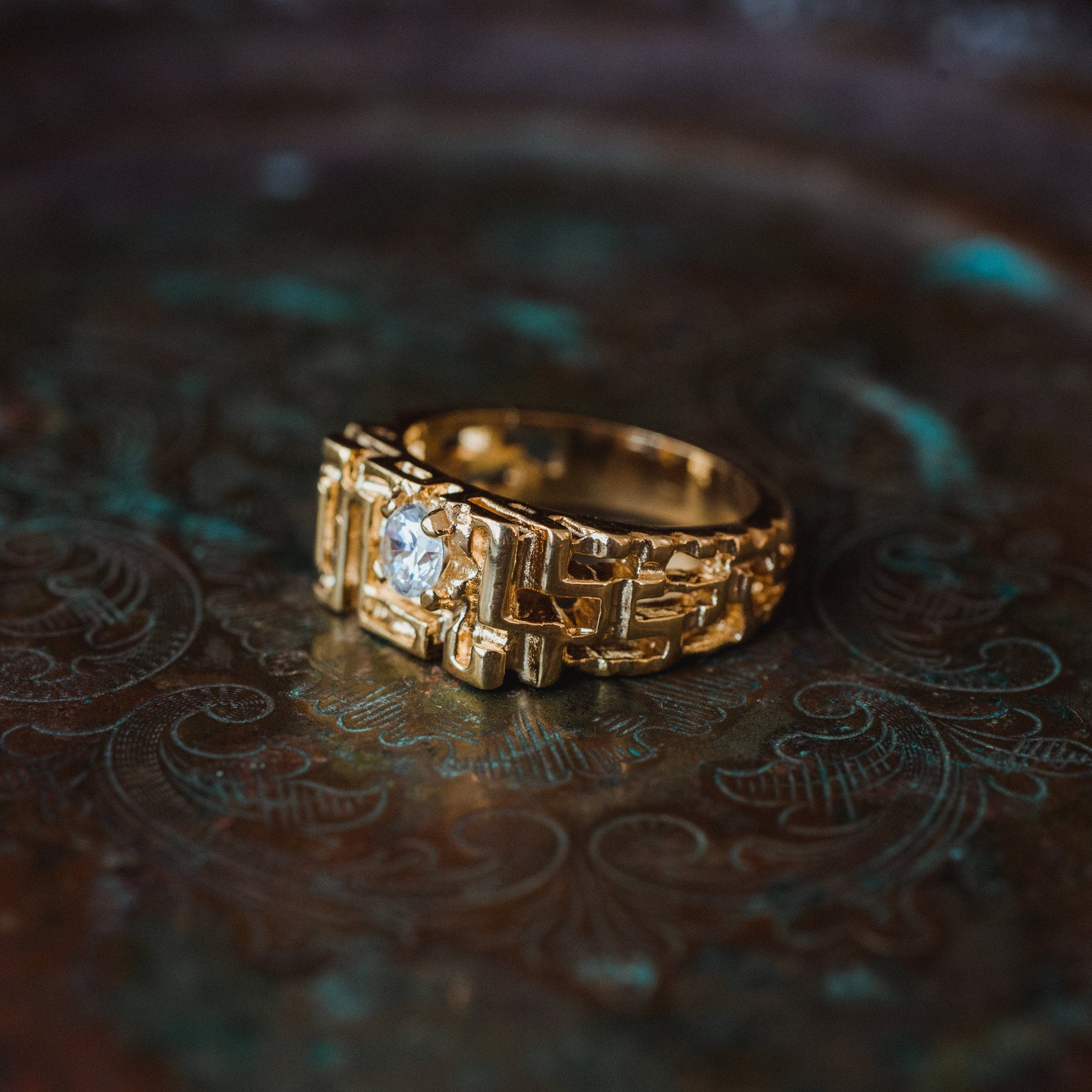 Men's Vintage Ring Edwardian Style Cubic Zirconia  Handcrafted Made in USA 18k Gold Electroplated Nugget Ring #R153