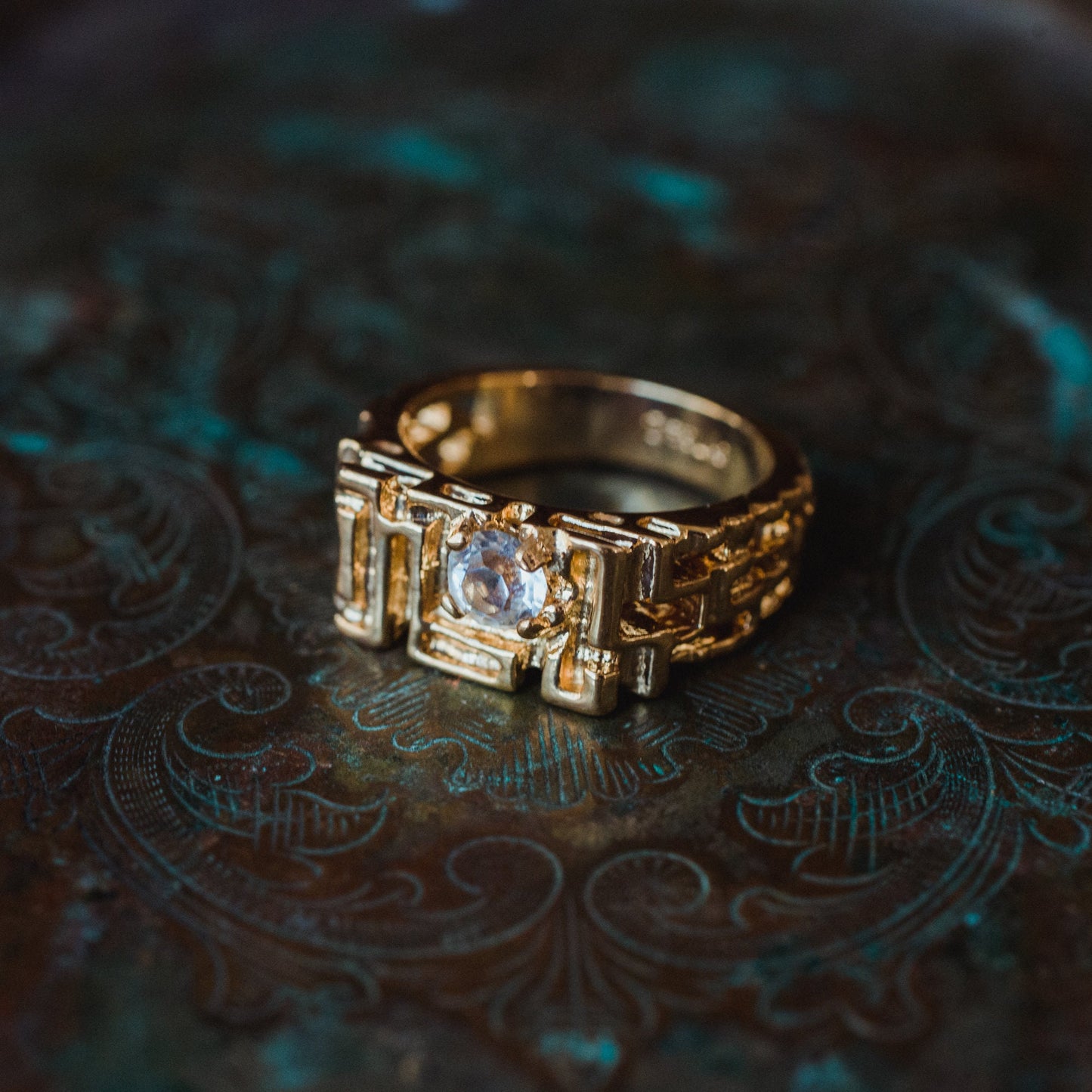 Men's Vintage Ring Edwardian Style Cubic Zirconia  Handcrafted Made in USA 18k Gold Electroplated Nugget Ring #R153