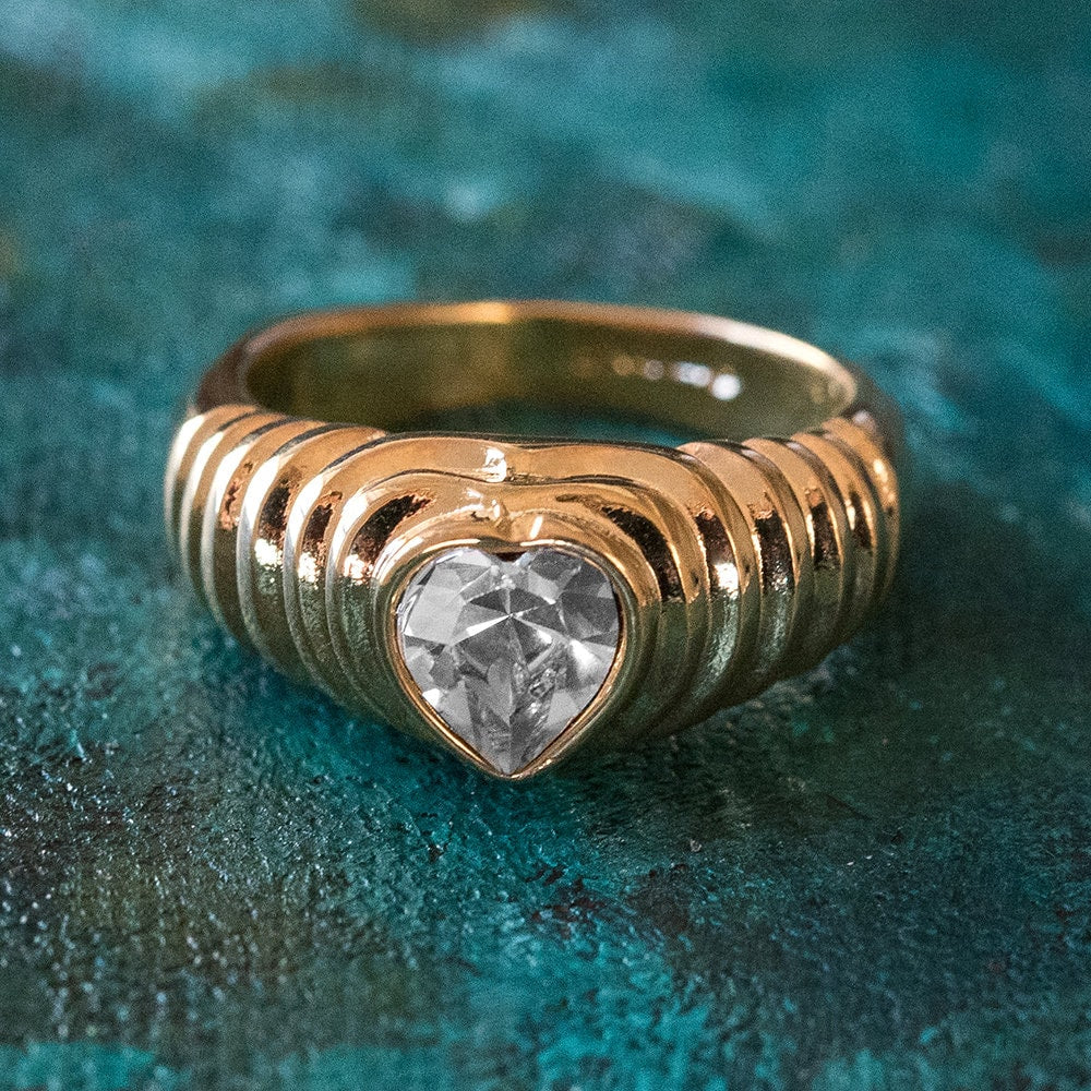 Vintage Clear Swarovski Crystal Heart Ring 18k Yellow Gold Electroplated Made in USA R2063