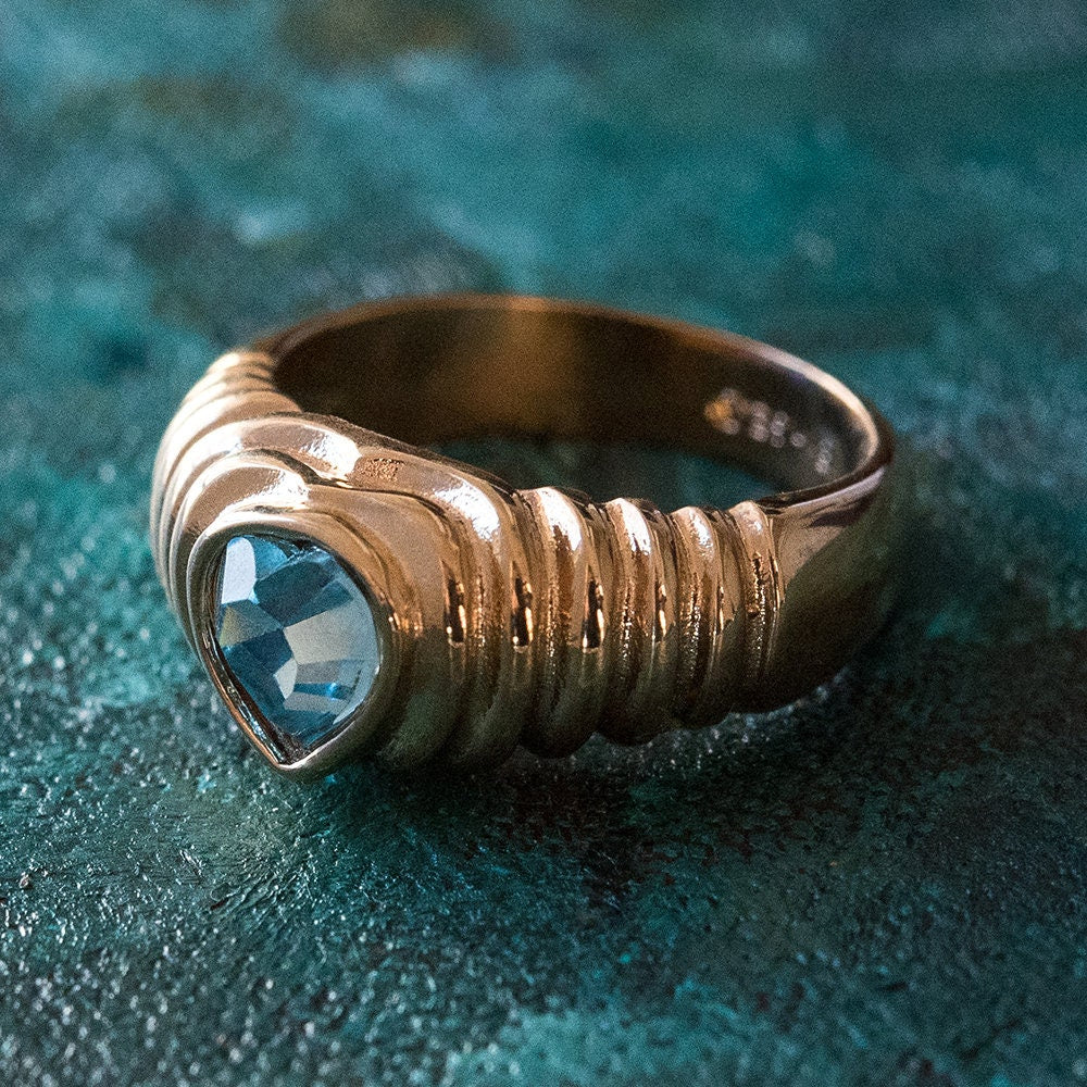 Vintage Ring Aquamarine Swarovski Crystal Heart Ring 18k Gold Antique Promise Jewelry Handmade Big Womans R2063 - Limited Stock - Never Worn