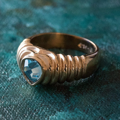 Vintage Ring Aquamarine Swarovski Crystal Heart Ring 18k Gold Antique Promise Jewelry Handmade Big Womans R2063 - Limited Stock - Never Worn