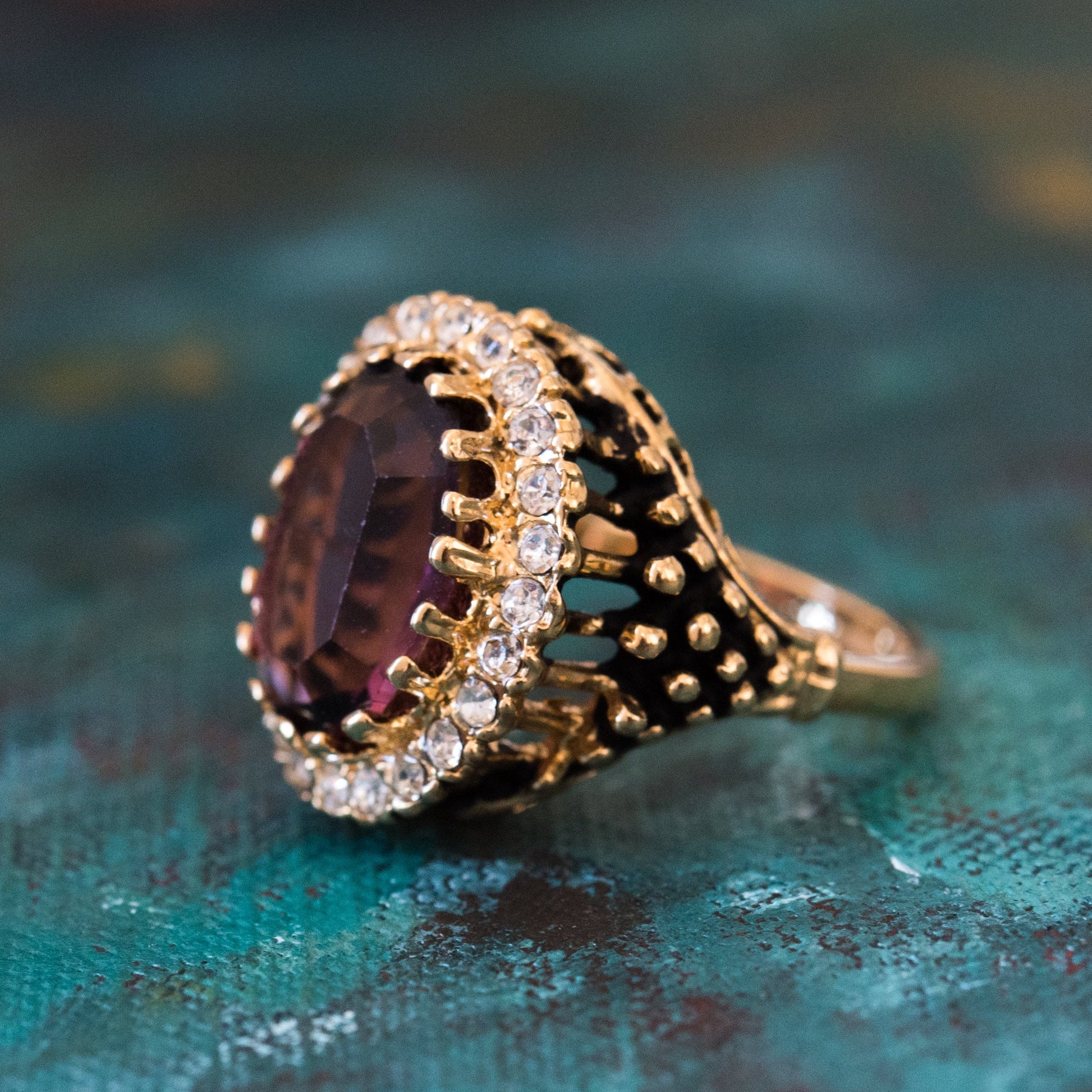 Vintage Ring Amethyst and Clear Crystal 18k Antique Gold Ring Made in the USA #R169 - Limited Stock - Never Worn
