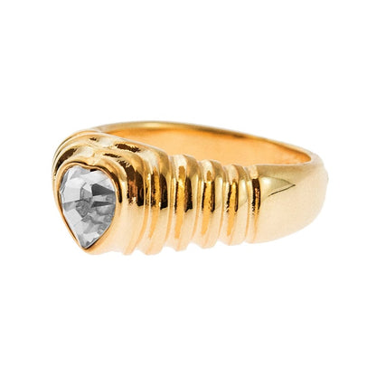Vintage Clear Swarovski Crystal Heart Ring 18k Yellow Gold Electroplated Made in USA R2063