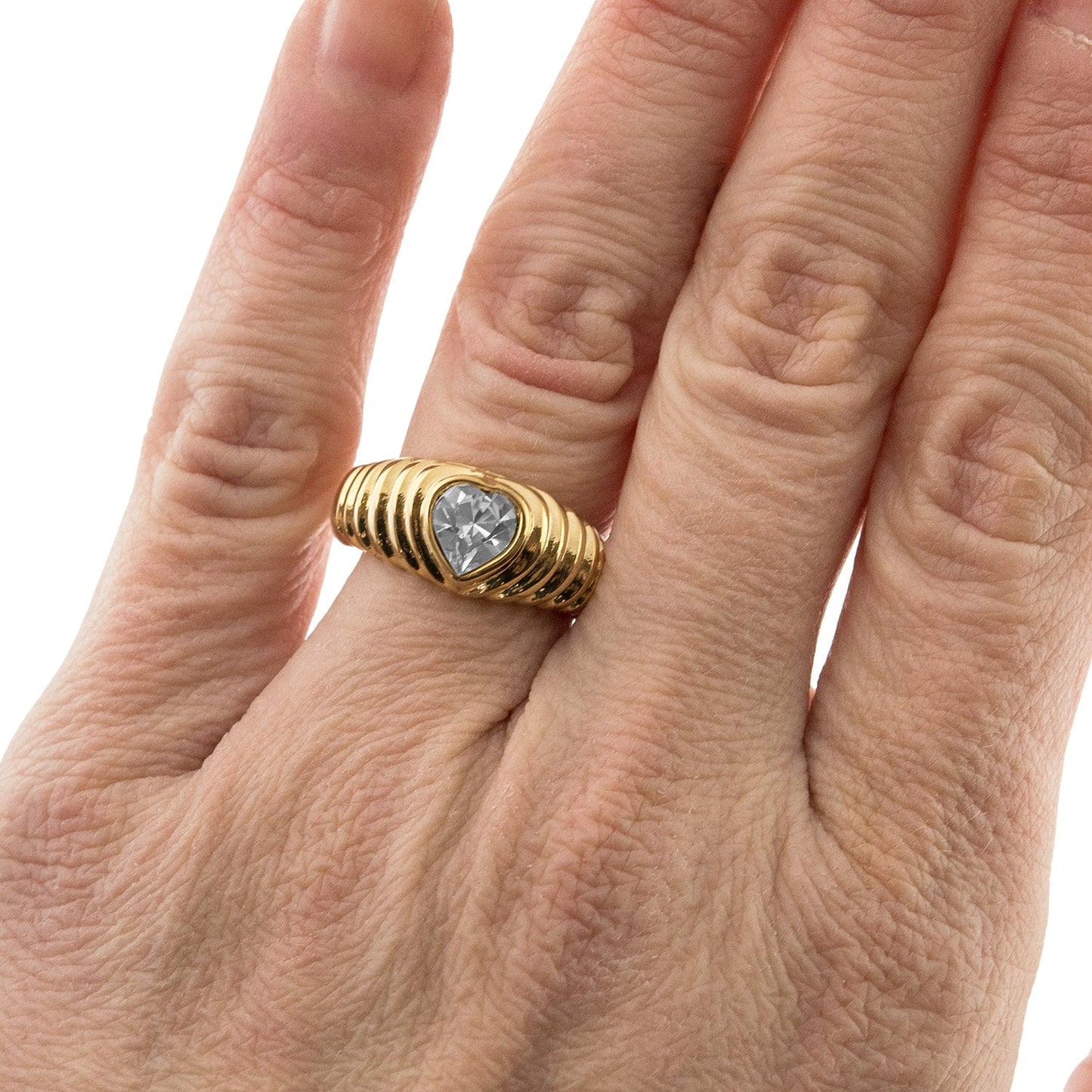 Vintage Clear Swarovski Crystal Heart Ring 18k Yellow Gold Electroplated Made in USA R2063