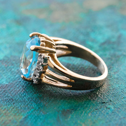 Vintage Ring 1980s Aquamarine Cubic Zirconia Ring Clear Swarovski Crystal 18k Gold Antique Womans Jewlery R1664 - Limited Stock - Never Worn