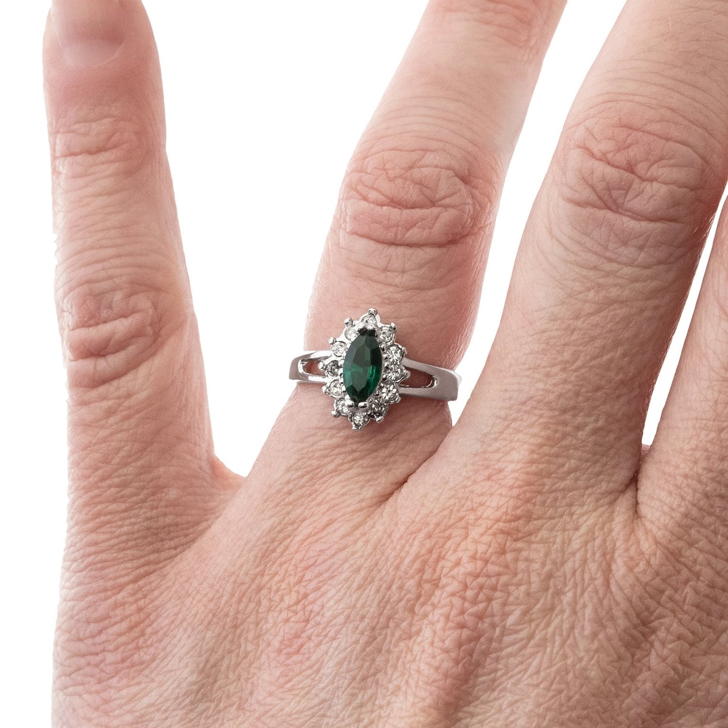 Vintage Ring Emerald and Clear Swarovski Crystals 18kt White Gold Silver  R1314 - Limited Stock - Never Worn