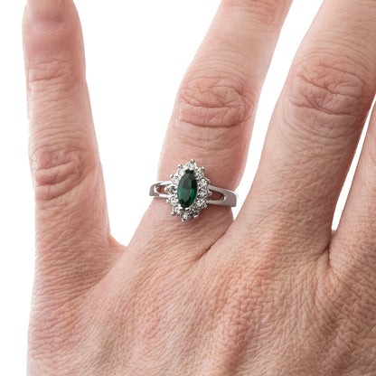 Vintage Ring Emerald and Clear Swarovski Crystals 18kt White Gold Silver  R1314 - Limited Stock - Never Worn
