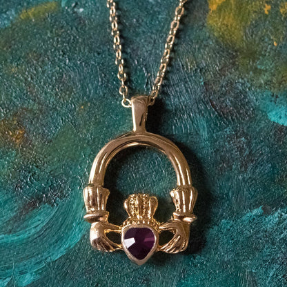 Vintage Claddagh Necklace Amethyst Swarovski Heart Crystal 18k Gold Antique Jewlery for Women N3099 - Limited Stock - Never Worn