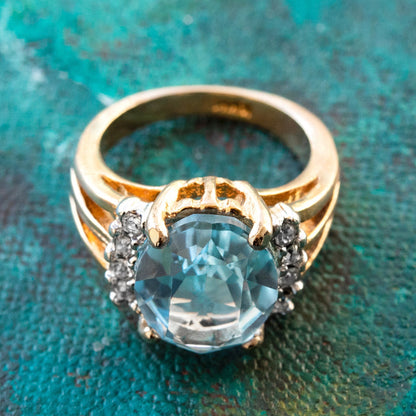 Vintage Ring 1980s Aquamarine Cubic Zirconia Ring Clear Swarovski Crystal 18k Gold Antique Womans Jewlery R1664 - Limited Stock - Never Worn