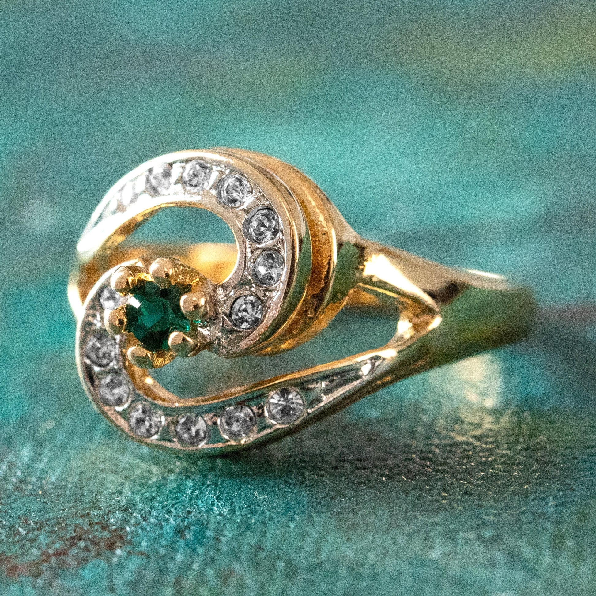 Vintage Ring Emerald Cubic Zirconia 18k Gold Plated Ring with Clear Swarovski Crystals #R1081 - Limited Stock - Never Worn