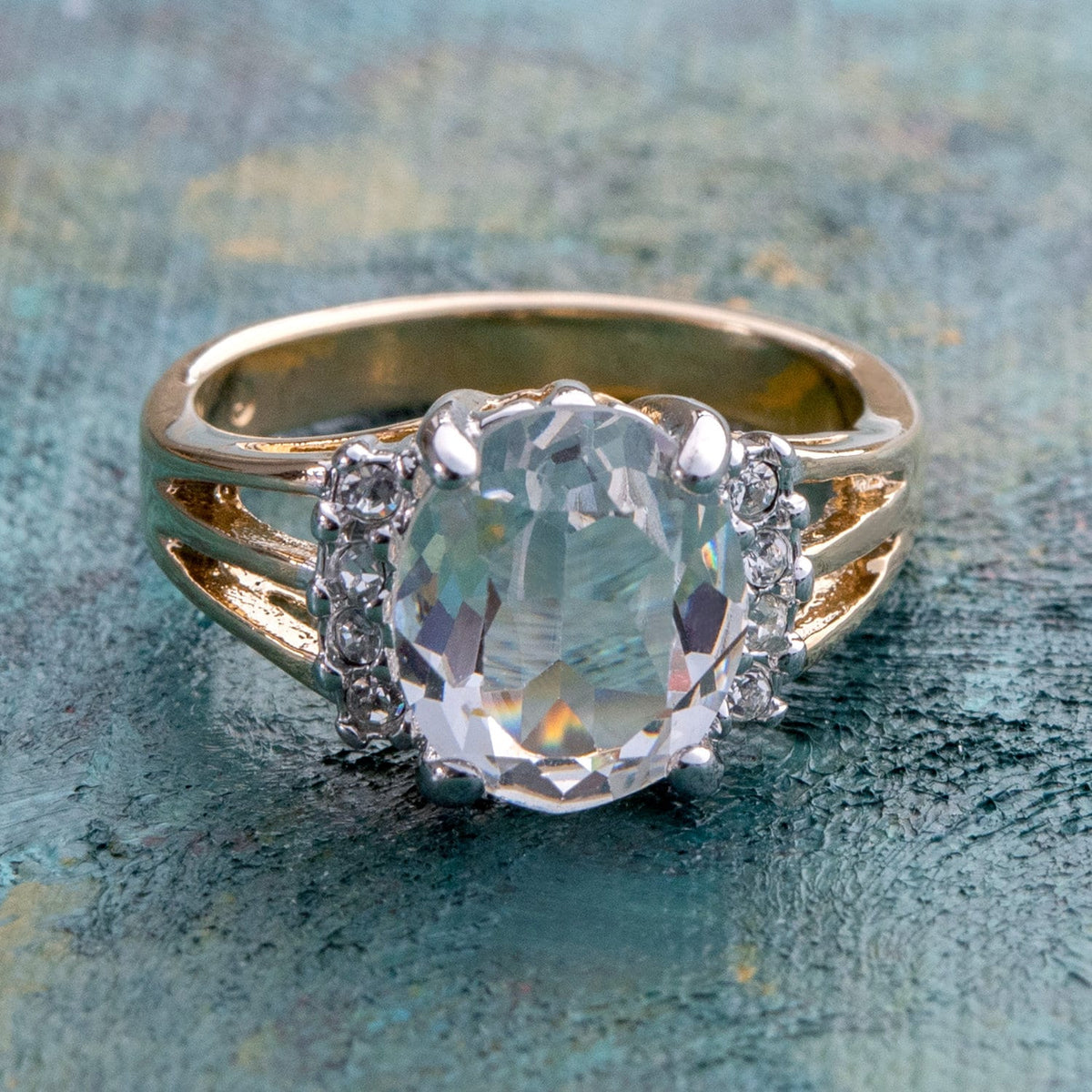 Vintage 1980s Clear Austrian Crystal Ring - 18k Yellow Gold Electroplated - Made in USA jewelry image 1
