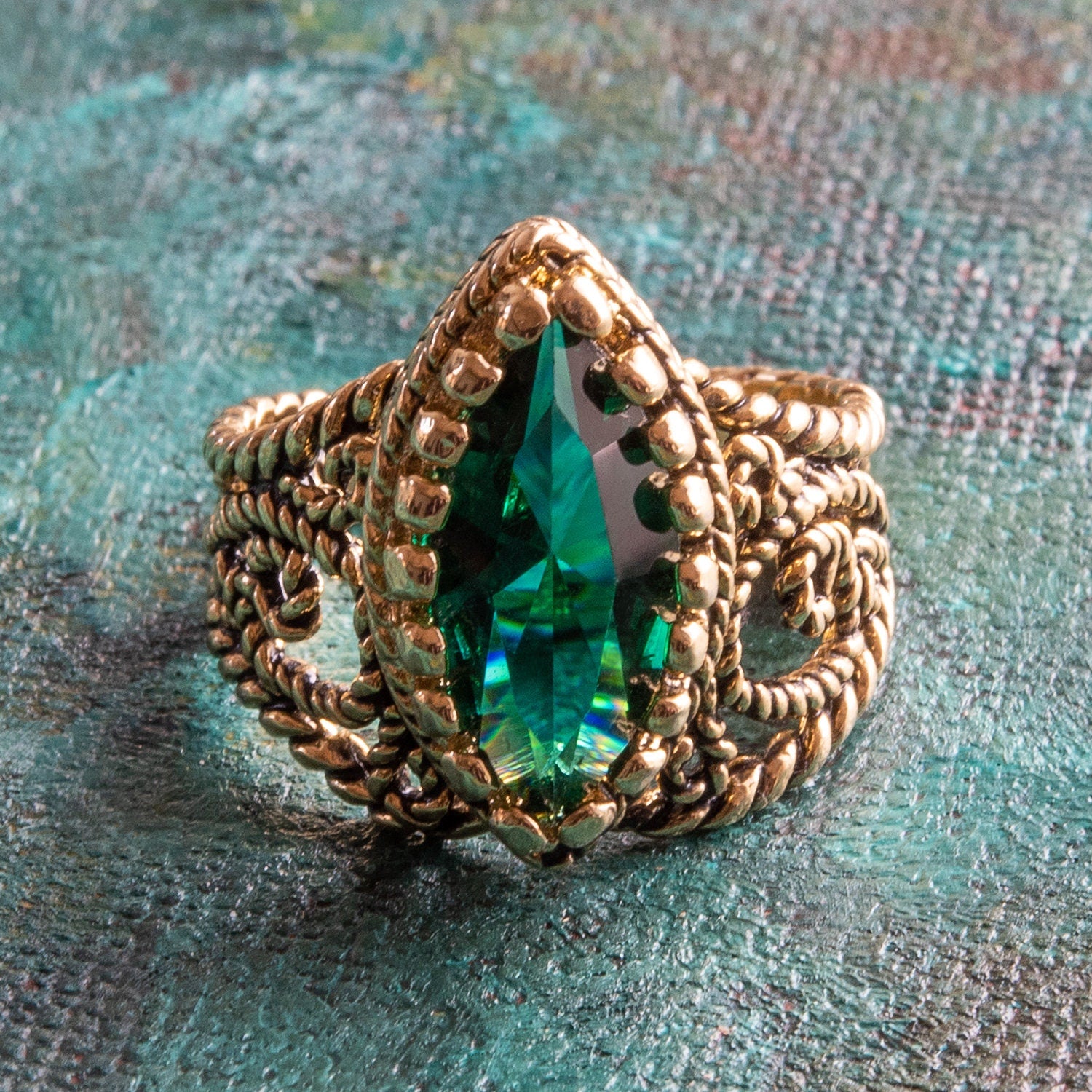 Vintage Ring Emerald Swarovski Crystal Antique 18k Gold Filigree Edwardian Style Womans Victorian Jewelry R1444 - Limited Stock - Never Worn