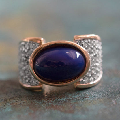 Vintage Ring Lapis Lazuli Bead and Clear Swarovski Crystal Cocktail Ring 18k Gold  R1934 - Limited Stock - Never Worn