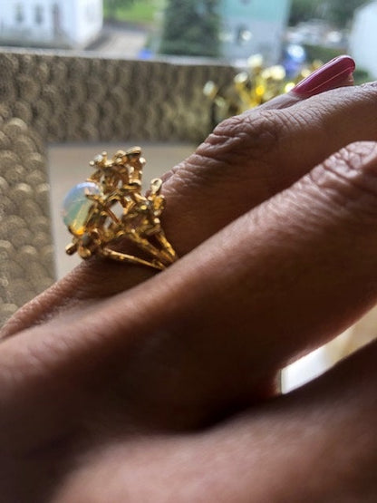 Vintage Ring Flower Petals Ring with Jelly Opal and Clear Crystals 18k Gold Antique Womans Jewelry R245 - Limited Stock - Never Worn