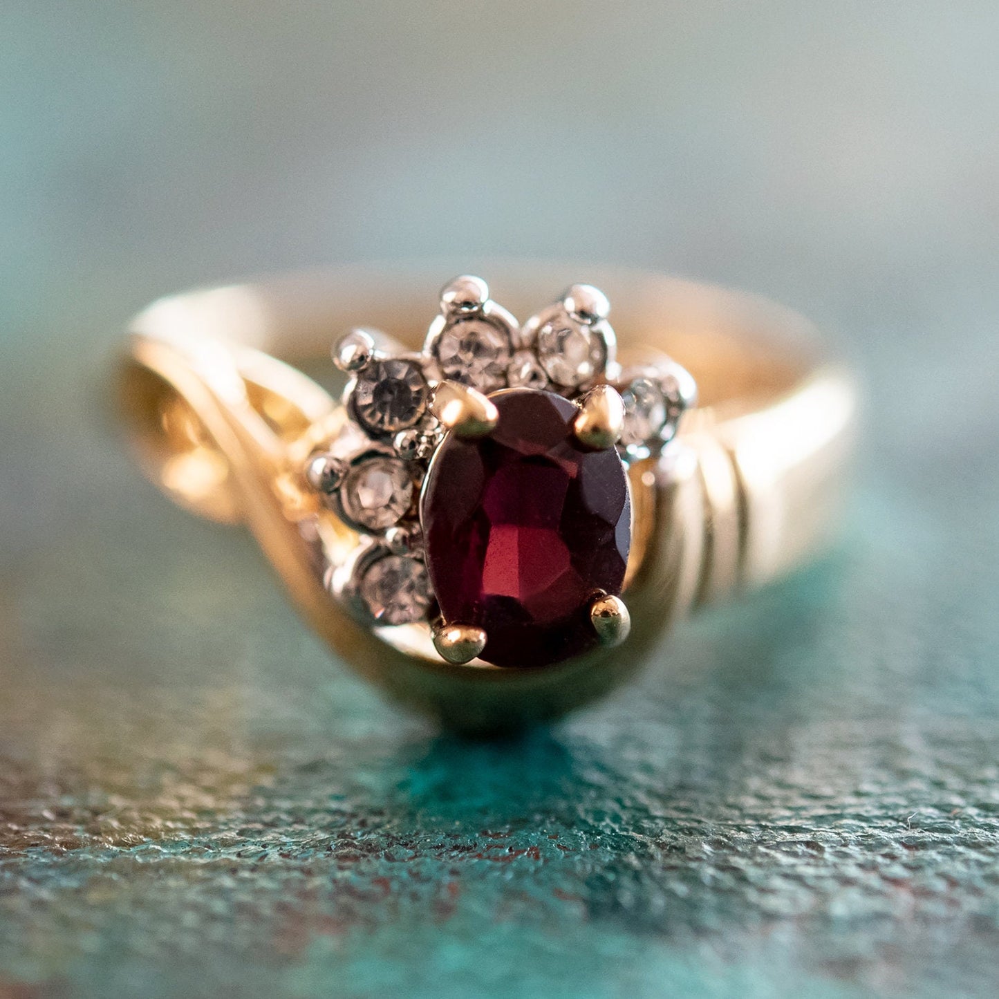 Vintage Ring Genuine Garnet and Clear Swarovski Crystals 18kt Gold Plated Size 7 only R2779
