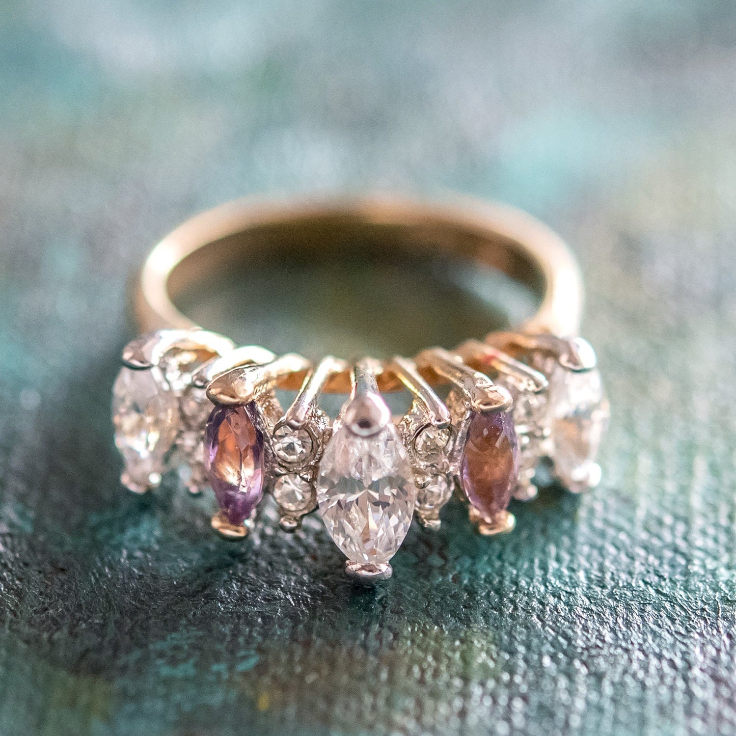 Vintage Ring Genuine Garnet and Clear Cubic Zirconia Cocktail Ring 18k Gold  R2441