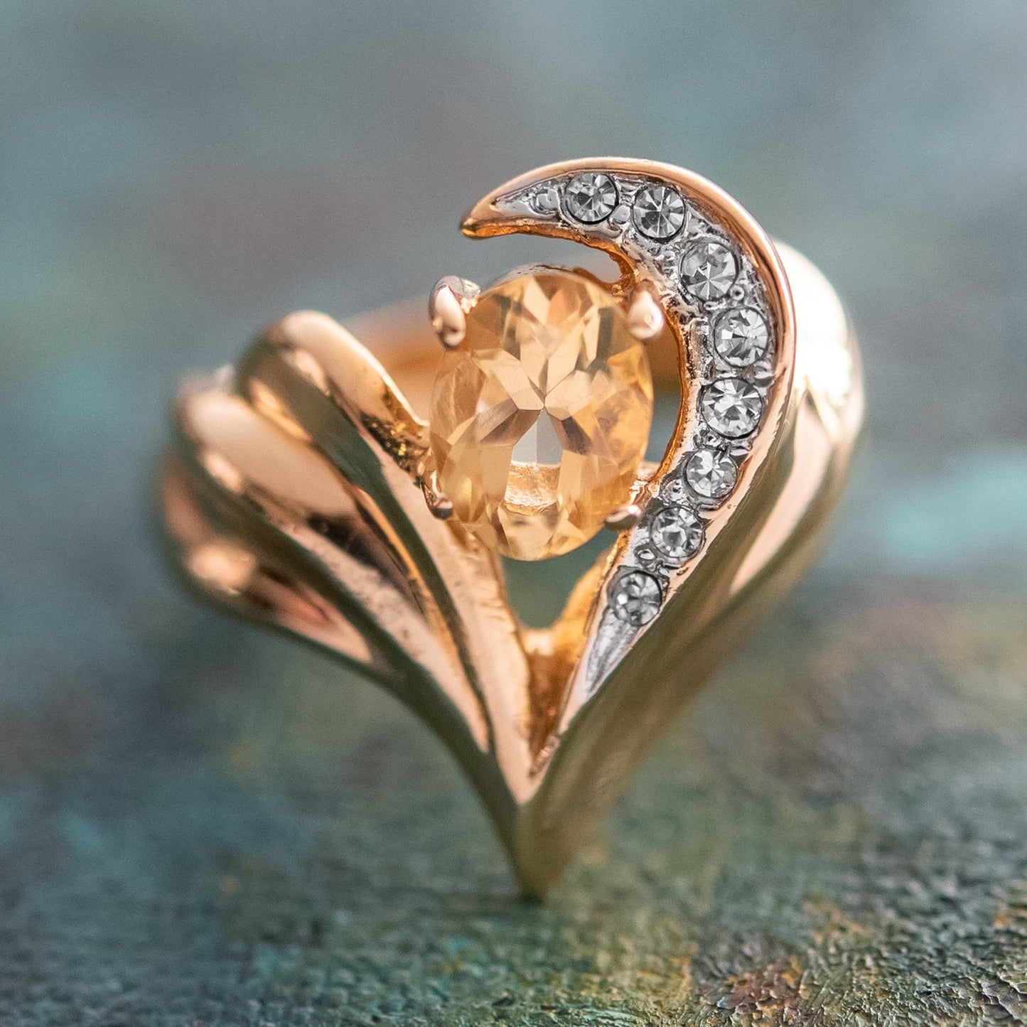 Vintage Ring Genuine Citrine and Clear Swarovski Crystals 18kt Gold Plated R2734 - Limited Stock - Never Worn