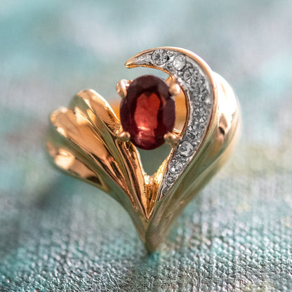 Vintage Ring Genuine Garnet and Clear Swarovski Crystals 18kt Gold Plated Size-7  R2734 - Limited Stock - Never Worn