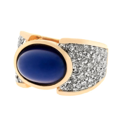 Vintage Ring Lapis Lazuli Bead and Clear Swarovski Crystal Cocktail Ring 18k Gold  R1934 - Limited Stock - Never Worn