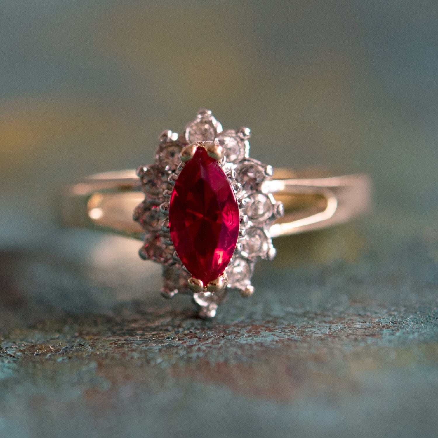 Vintage Ring Ruby and Clear Swarovski Crystals 18kt Gold July Birthstone Antique Rings For Women Jewelry #R1314 - Never Worn - Limited Stock