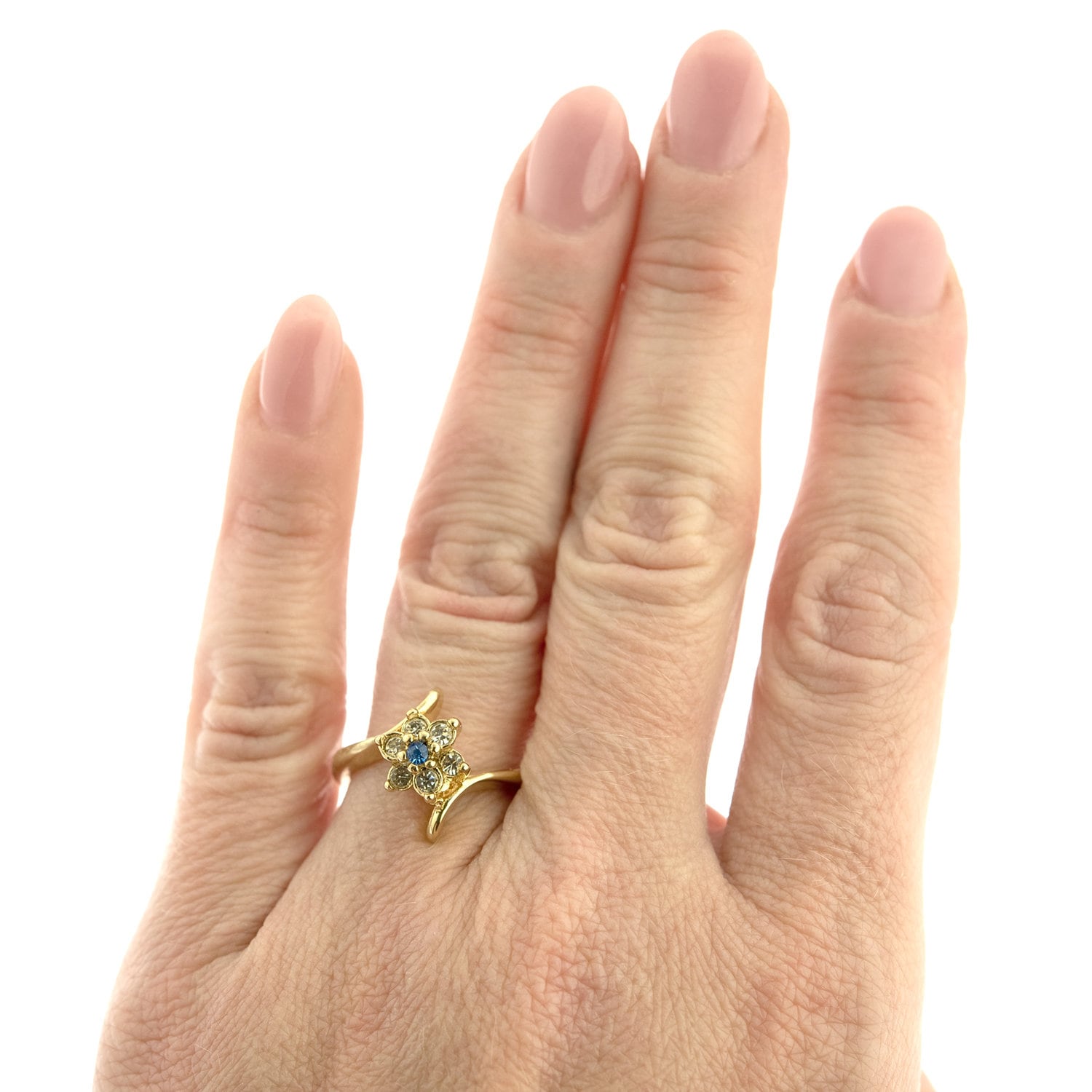 Vintage Ring 1970's Sapphire and Clear Swarovski Crystal Ring 18kt Gold Ring R842 - Limited Stock - Never Worn