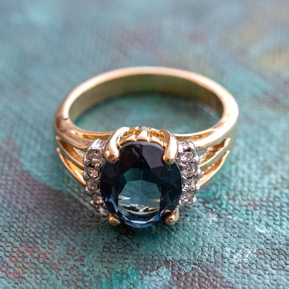 Vintage Ring 1980's Sapphire Cubic Zirconia Ring with Clear Swarovski Crystals 18k Gold  Size 10 Only R1664