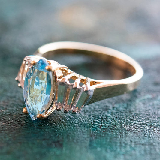 Vintage Ring Genuine Blue Topaz and Clear Swarovski Crystals 18kt Gold Plated R2604 - Limited Stock - Never Worn