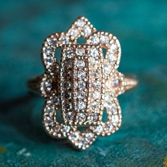 Vintage 1970s 18k Gold Electroplated Edwardian Style Ring with Clear Austrian Crystals – Made in USA jewelry image 1