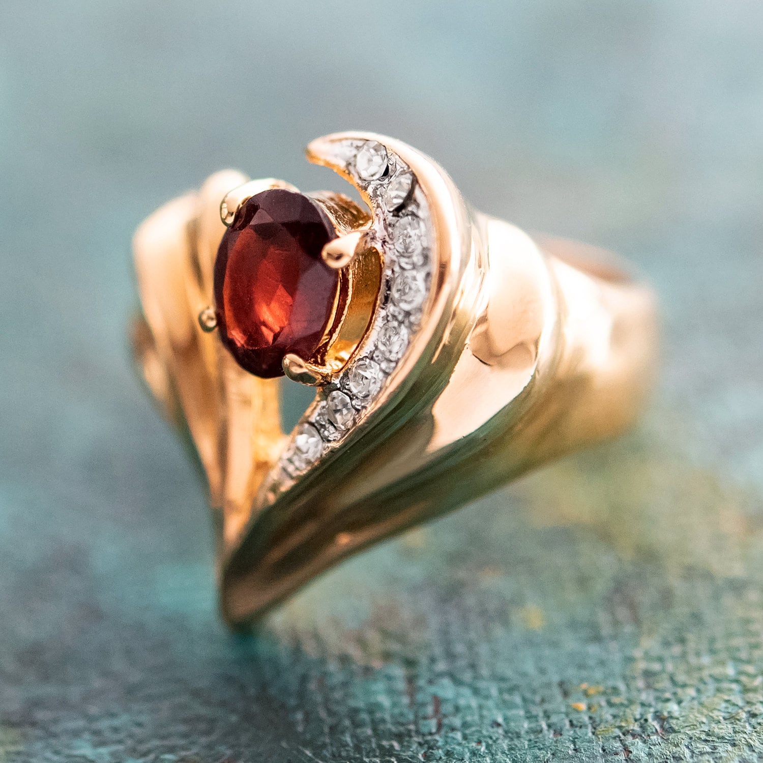 Vintage Ring Genuine Garnet and Clear Swarovski Crystals 18kt Gold Plated Size-7  R2734 - Limited Stock - Never Worn