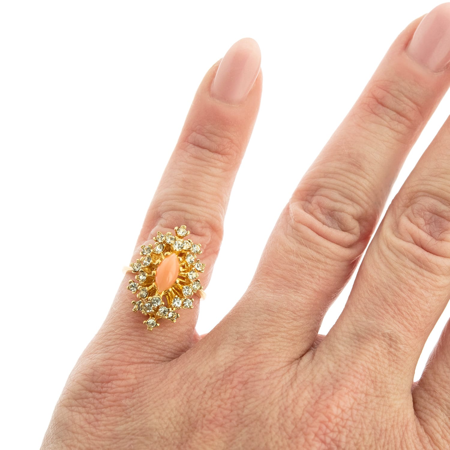 Vintage Ring Genuine Coral Surrounded by Clear Swarovski Crystals Cocktail Ring 18k Gold Size 4 Only R221