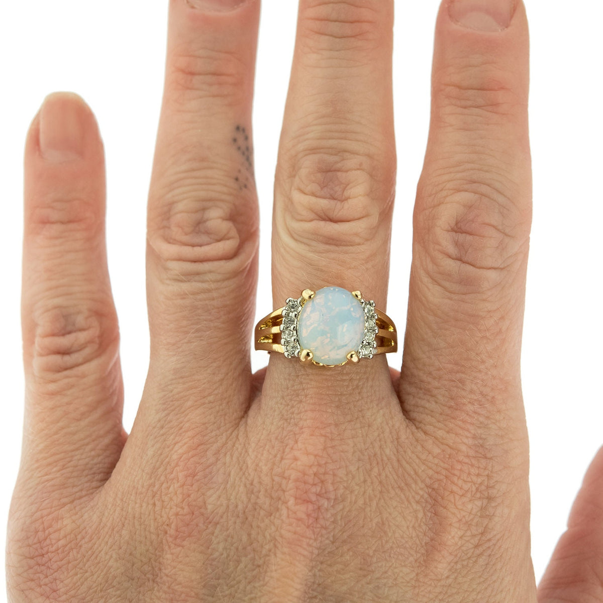 Vintage Ring 1980's Jelly Opal Ring with Clear Swarovski Crystals 18k Gold Antique Womans Jewelry R1664 - Limited Stock - Never Worn