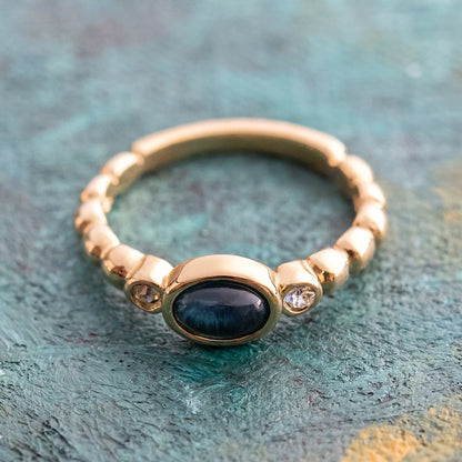 Vintage 1980s Sapphire Cabochon and Clear Austrian Crystal 18k Yellow Gold Electroplated Ring - Made in USA jewelry image 1