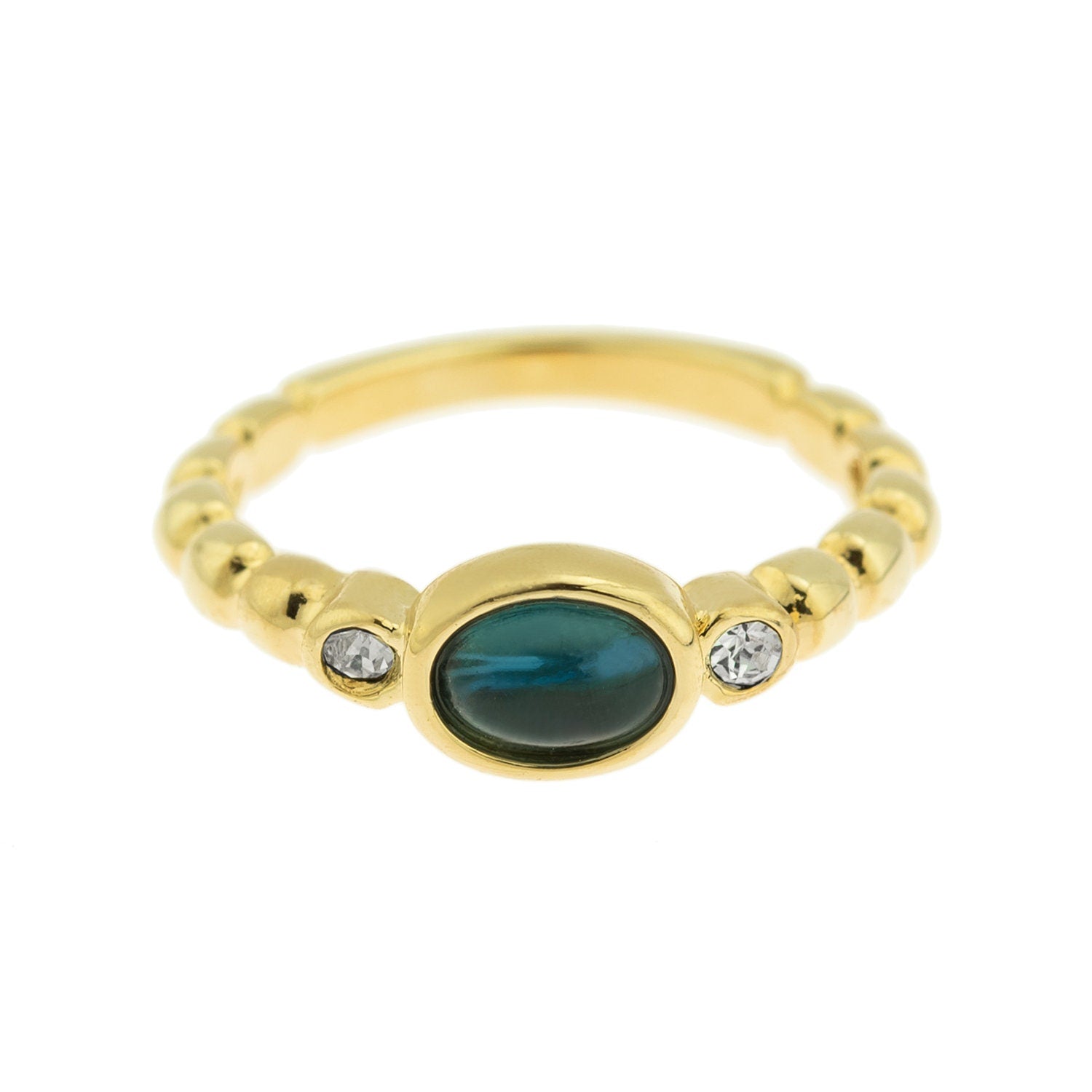 Vintage 1980s Sapphire Cabochon and Clear Austrian Crystal 18k Yellow Gold Electroplated Ring - Made in USA jewelry image 1