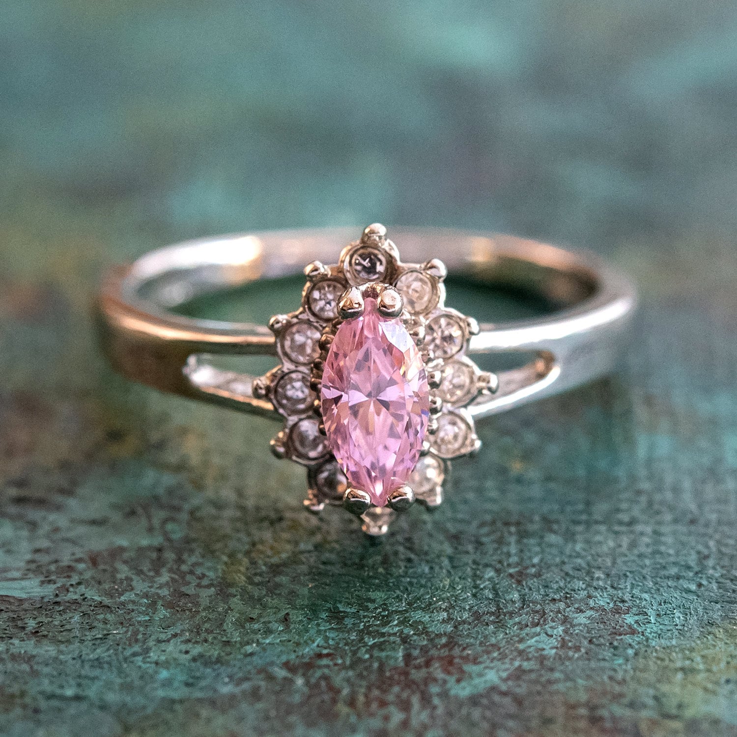 Vintage Ring Pink Tourmaline Cubic Zirconia and Clear Swarovski Crystals 18kt White Gold Silver  #R1314 - Limited Stock - Never Worn