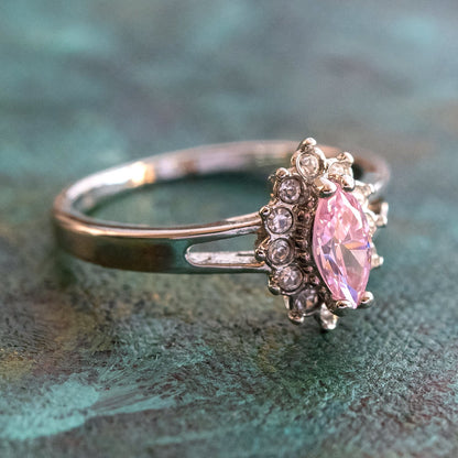 Vintage Ring Pink Tourmaline Cubic Zirconia and Clear Swarovski Crystals 18kt White Gold Silver  #R1314 - Limited Stock - Never Worn