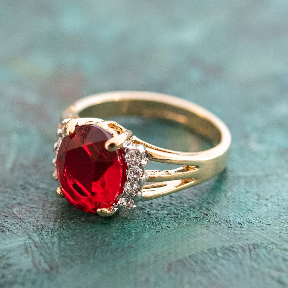 Vintage Ring 1980's Ruby Cubic Zirconia Ring with Clear Swarovski Crystals 18k Gold  R1664 - Limited Stock - Never Worn