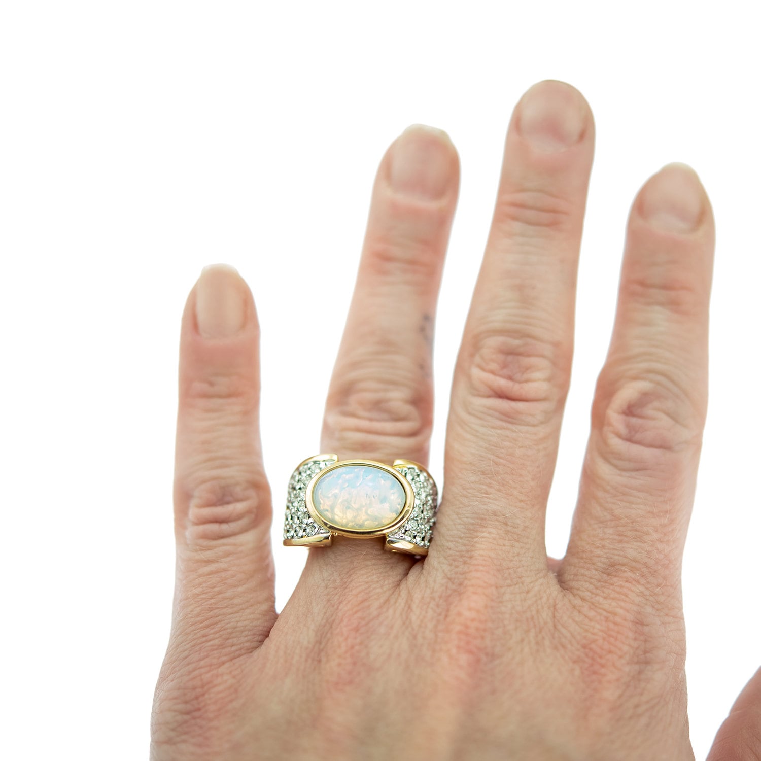 Vintage Ring Genuine Pinfire Opal and Clear Swarovski Crystal Cocktail Ring 18k Gold Antique Jewelry for Women R1934