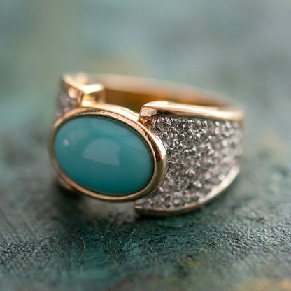 Vintage Ring Turquoise Glass Bead Clear Swarovski Crystals Cocktail Ring 18k Gold Antique Jewlery Womans R1934 - Limited Stock - Never Worn