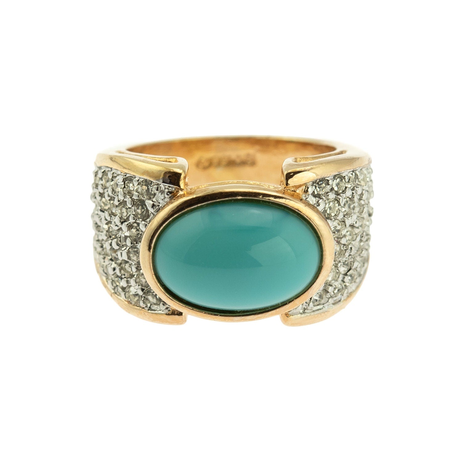 Vintage Ring Turquoise Glass Bead Clear Swarovski Crystals Cocktail Ring 18k Gold Antique Jewlery Womans R1934 - Limited Stock - Never Worn