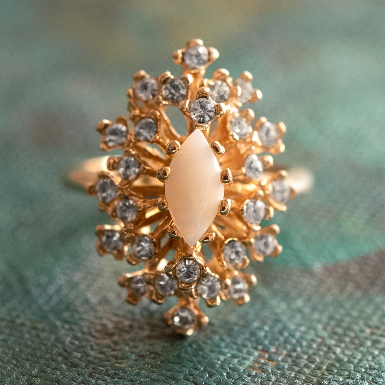 Vintage Ring Genuine Opal and Clear Swarovski Crystals 18k Gold Victorian Style #R221 - Limited Stock - Never Worn