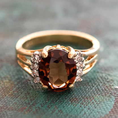 Vintage Ring 1980's Smoke Topaz Swarovski Crystal Ring 18k Gold  R1664 - Limited Stock - Never Worn