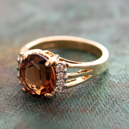 Vintage 1980s Smokey Topaz & Clear Austrian Crystal Ring - 18k Gold Electroplated - Made in USA jewelry image 1
