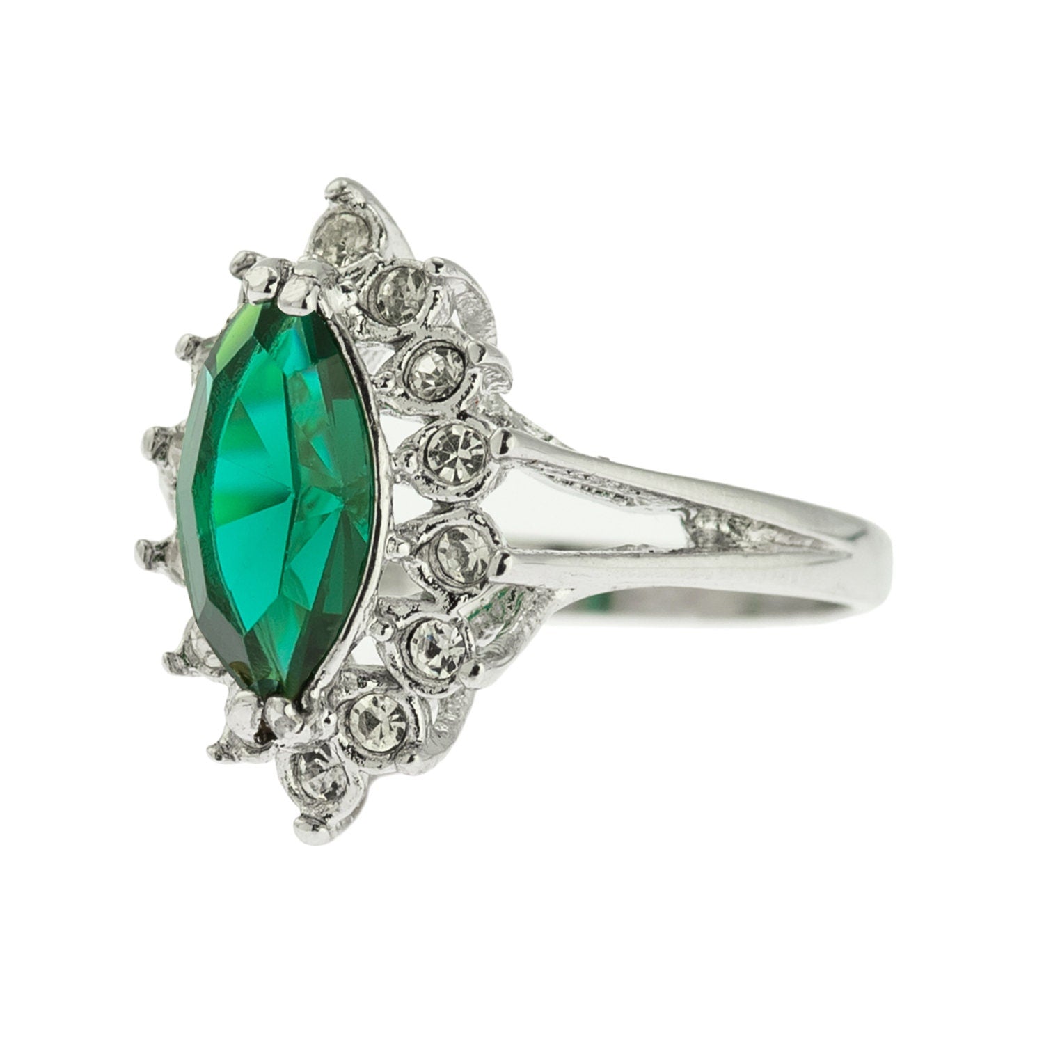 Vintage Ring Emerald and Clear Swarovski Crystals 18k White Gold Silver Ring May Birthstone R1891 - Limited Stock - Never Worn