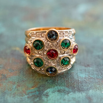 Vintage Ring Pave Multi Color and Clear Swarovski Crystal Ring 18k Gold  R3111 - Limited Stock - Never Worn